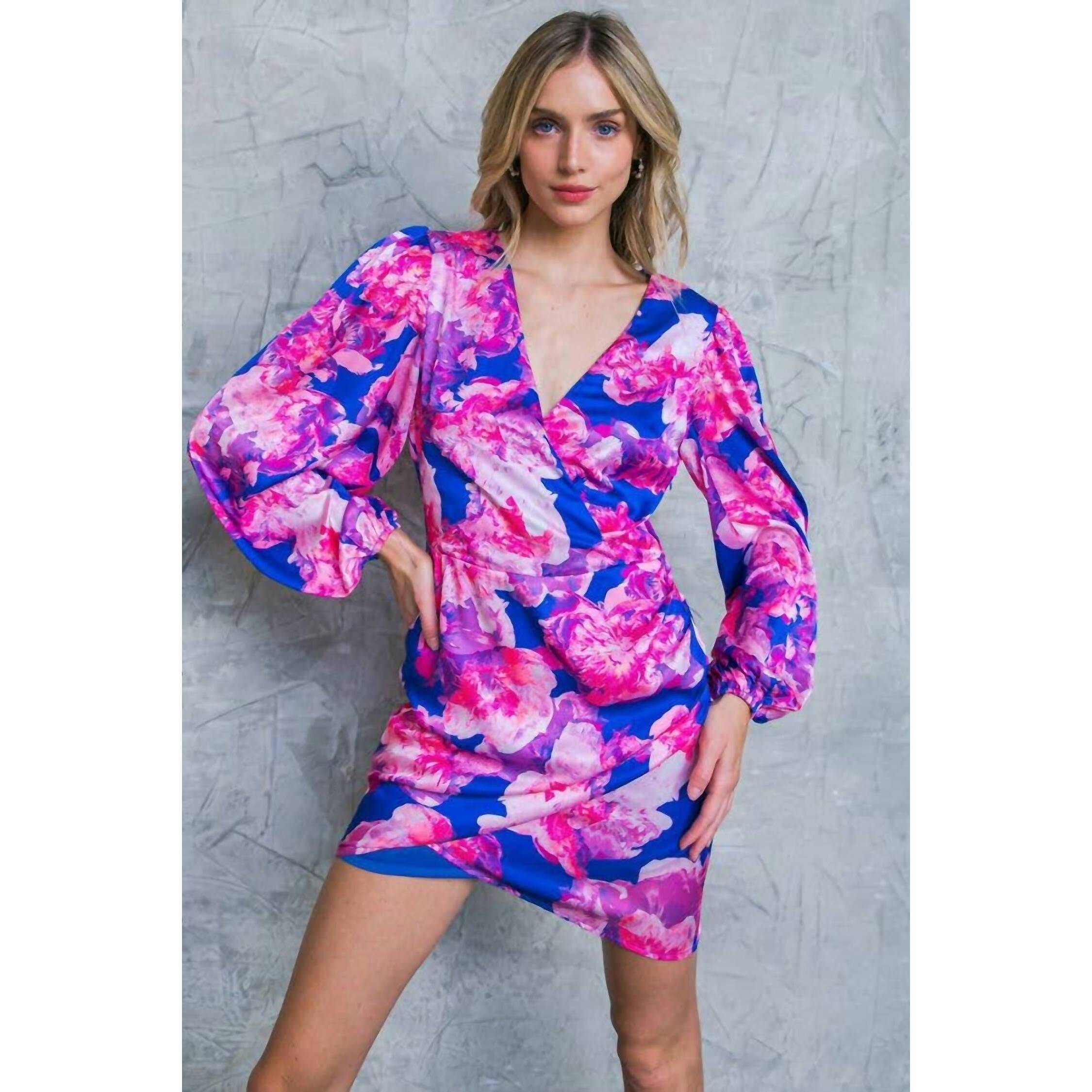 New Flying Tomato Surplice Floral Printed Satin Mini Dress In Blue Fuchsia